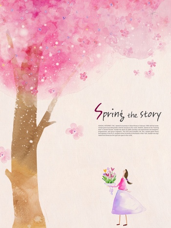 粉色的大树和一个女子的梦幻插画