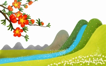 春天绿色的山野和红花枝头插画设计