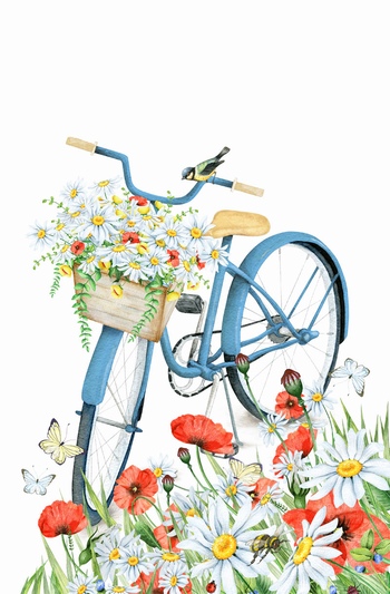 彩铅手绘鲜花和自行车唯美图片