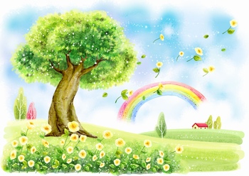 手绘水彩儿童画草地大树彩虹和飘舞的花朵
