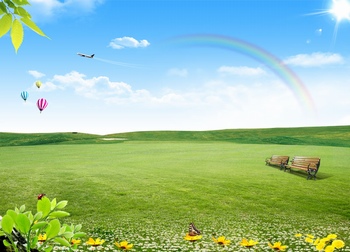 春天蓝天绿地彩虹自然景色