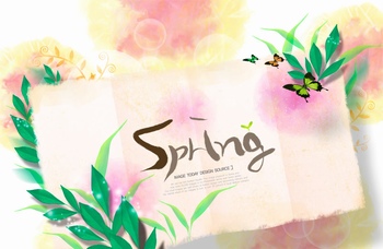 水彩手绘春天spring绿叶装饰的折页