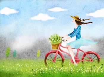 水彩插画绿丛中骑自行车的少女