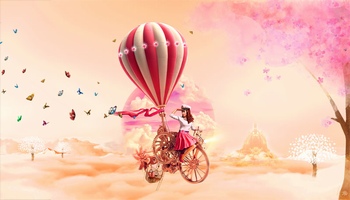 粉色热气球自行车创意海报设计