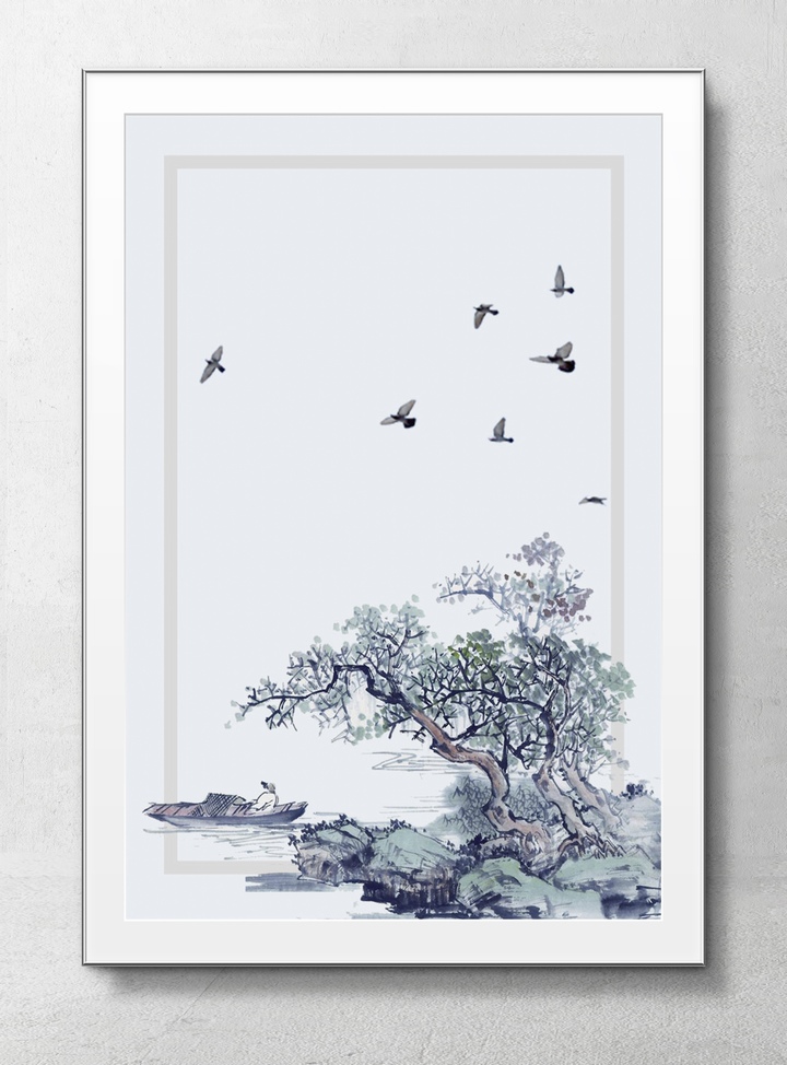 中国传统水墨山水飞鸟风景画
