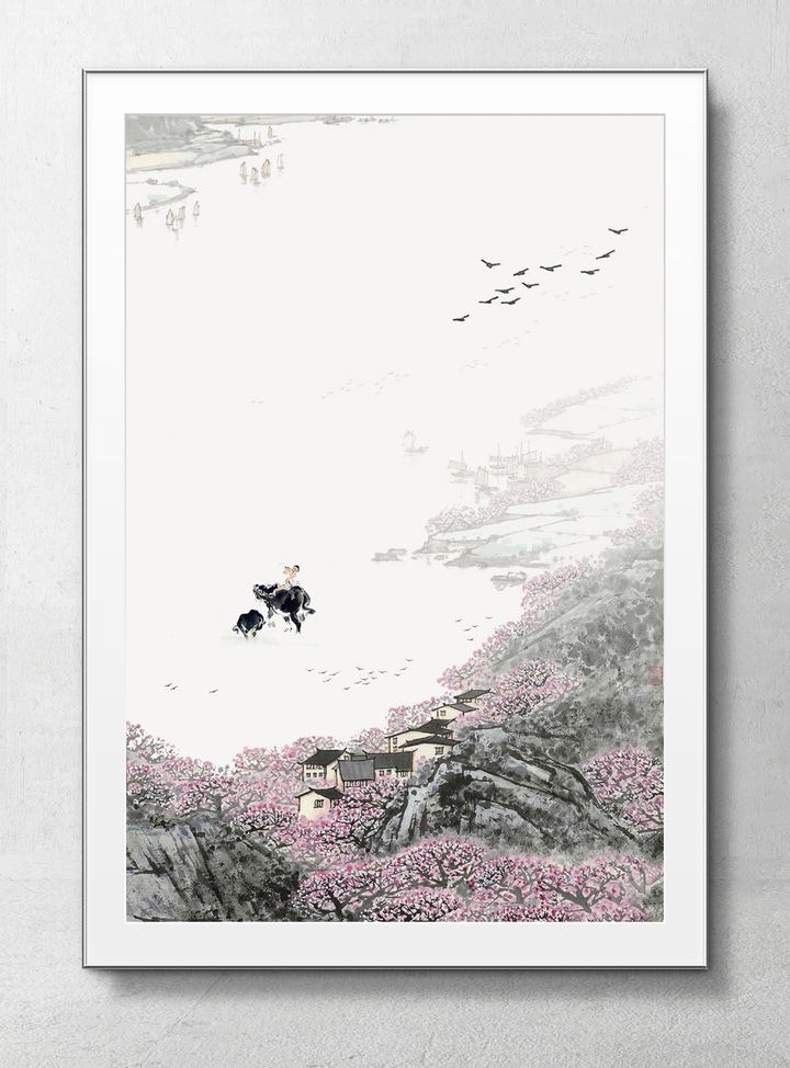 传统中国画漫山遍野开满桃花和水牛背上的孩童