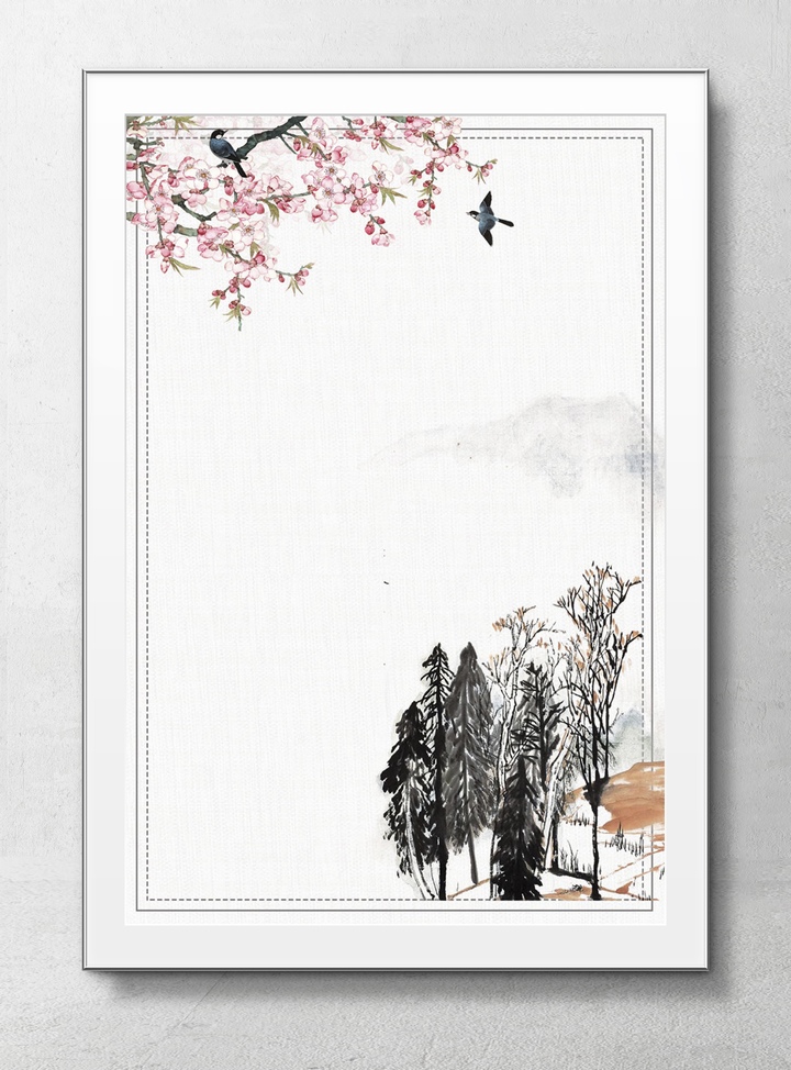 中国风花鸟树林水墨画海报背景