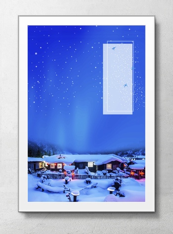 寒冷冬季乡村雪景节气海报背景素材