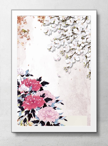 手绘牡丹花与桃花海报背景