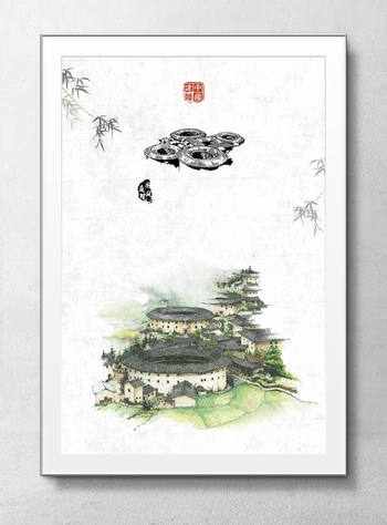 中国特色建筑手绘插画海报背景