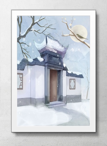 中国传统院门雪景插画