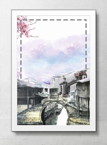 中国风江南水乡拱桥下的船海报背景