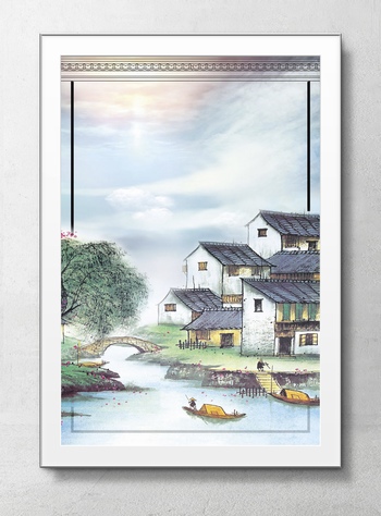 中国风江南山村岸边下水出船打鱼海报背景素材