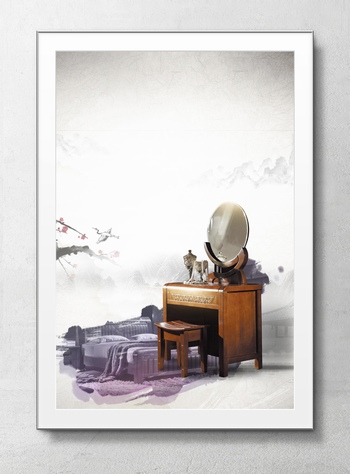 中国风中式家具梳妆台铜镜海报背景素材