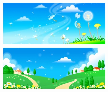 春季蓝天绿地美景插画矢量图