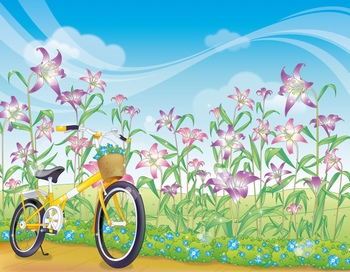 春天花丛边停着的一辆自行车