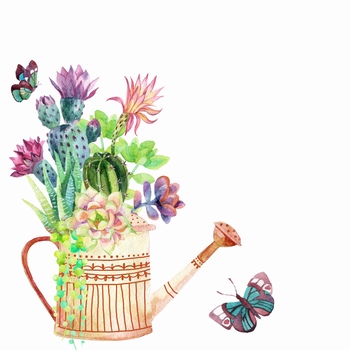 水彩手绘鲜花和洒水壶