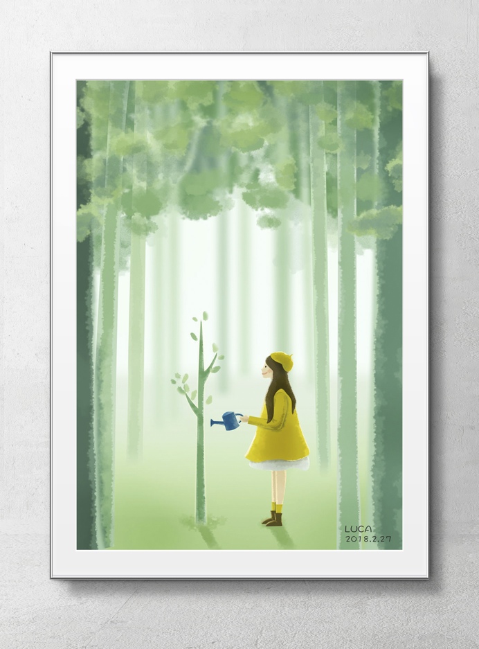 植树节手绘清洗少女浇树海报背景