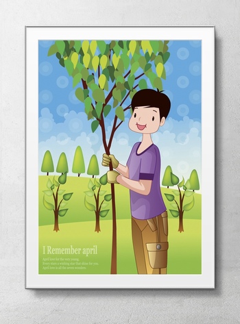 年轻人们种树种花劳动的插画设计