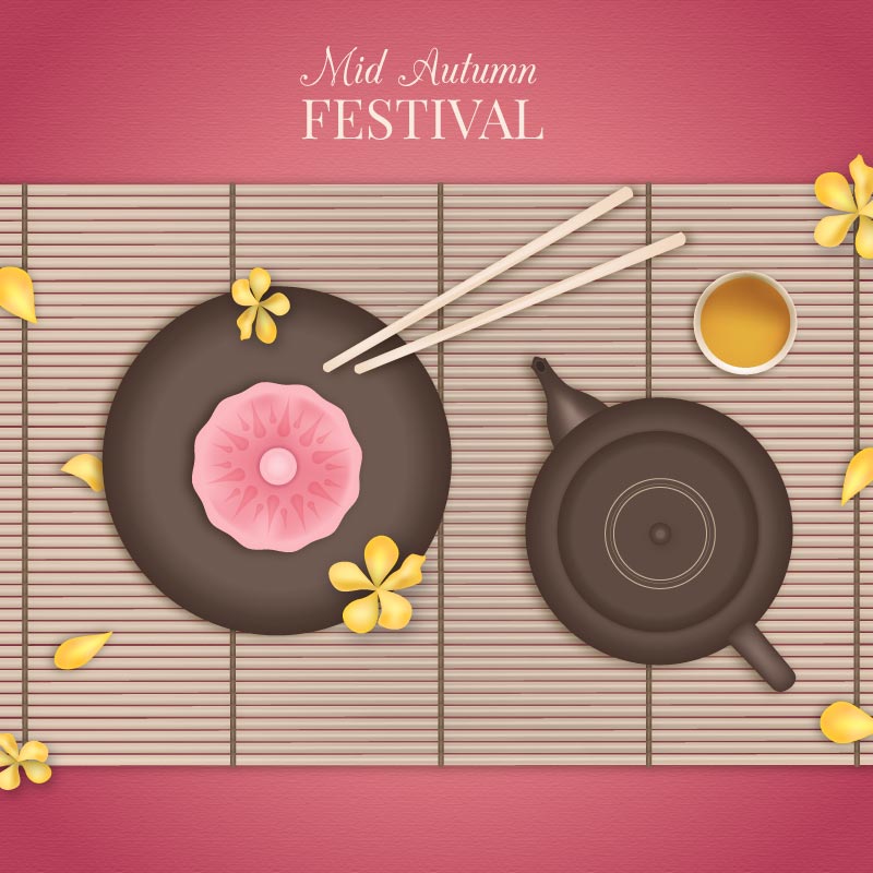 中秋节主题月饼和茶水插画