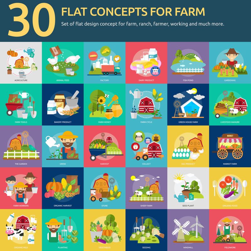 30个扁平化农场元素插画设计
