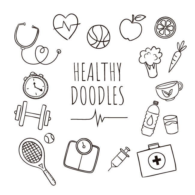 健康饮食和生活元素手绘线性图标