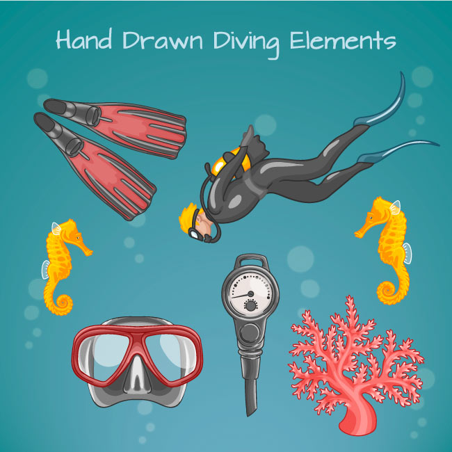 海底潜水装备和元素插画设计