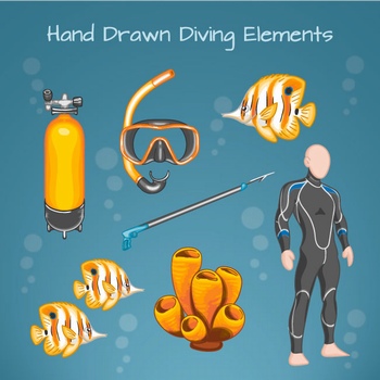 热带海域潜水装备和元素插画设计