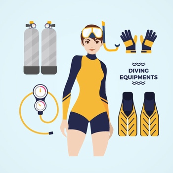 美女潜水员和潜水装备插画设计