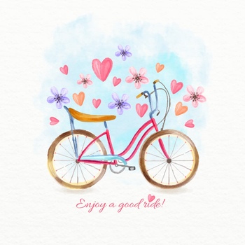 水彩手绘浪漫清新自行车和鲜花插画