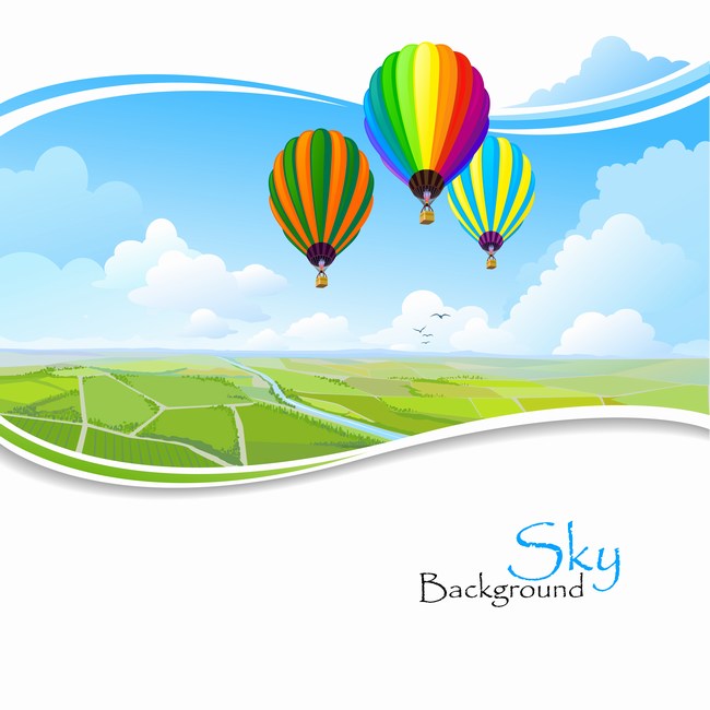 彩色的热气球和蓝天绿地矢量插画