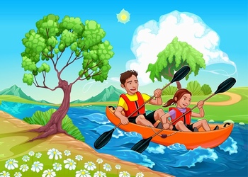 在小河里划皮划艇的插画