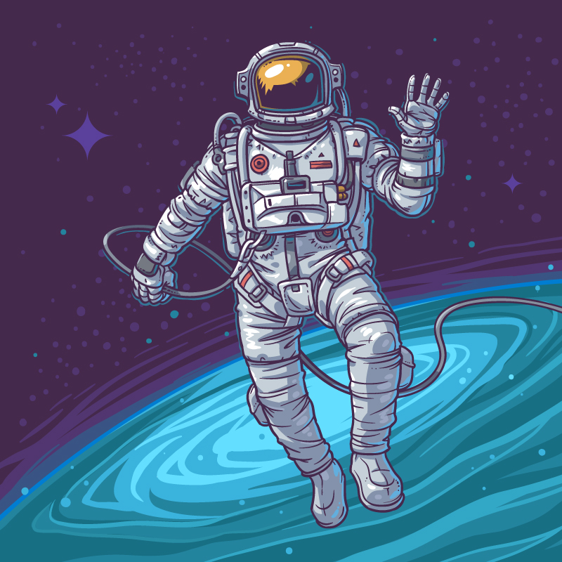 手绘插画太空中的宇航员