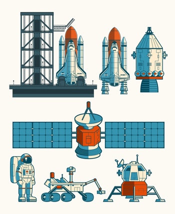 航天飞机和卫星宇航员主题矢量插画
