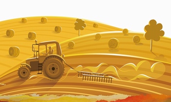 在金色麦田上劳作的拖拉机插画