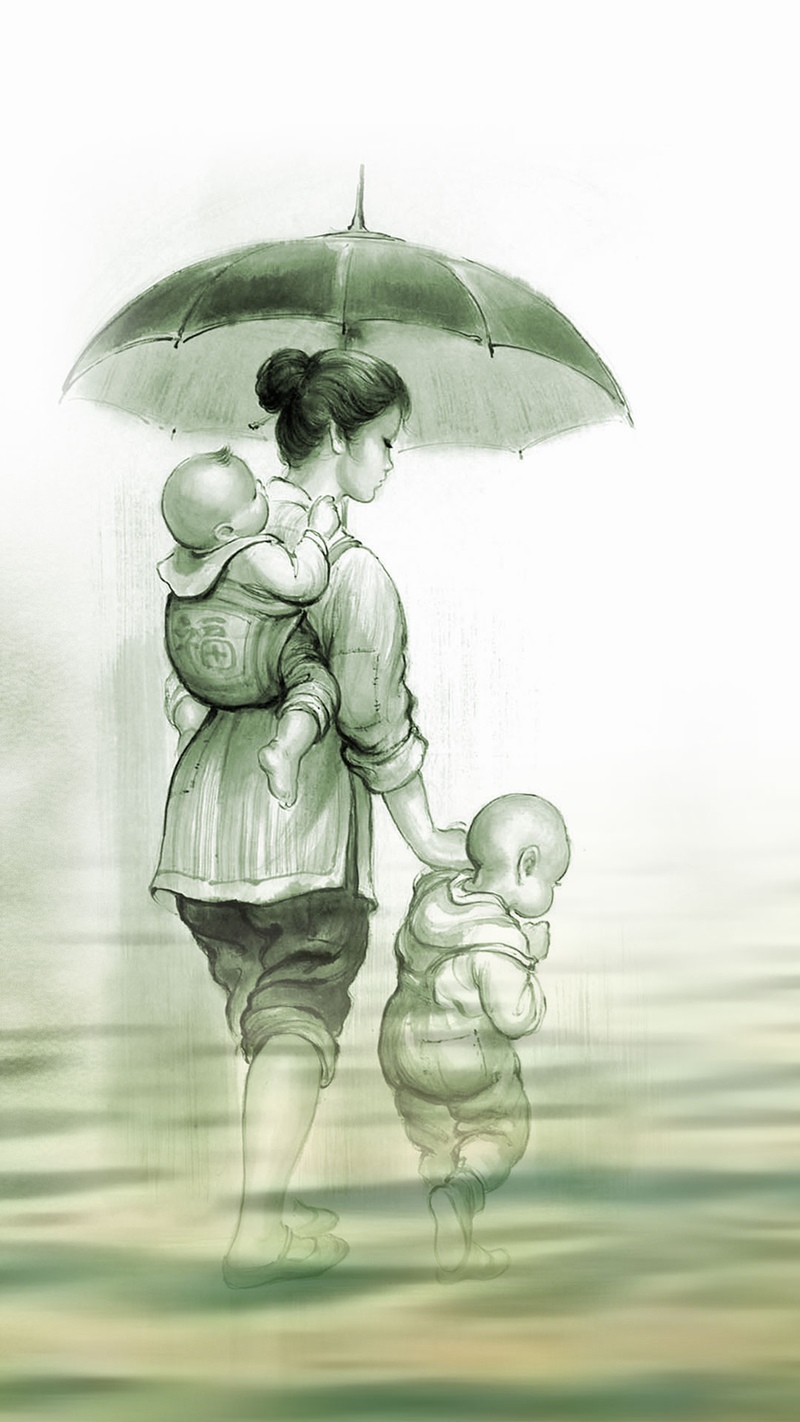 手绘辛苦的母亲带娃在雨中淌水