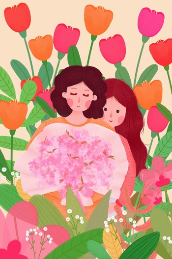 手绘插画花丛中的母女