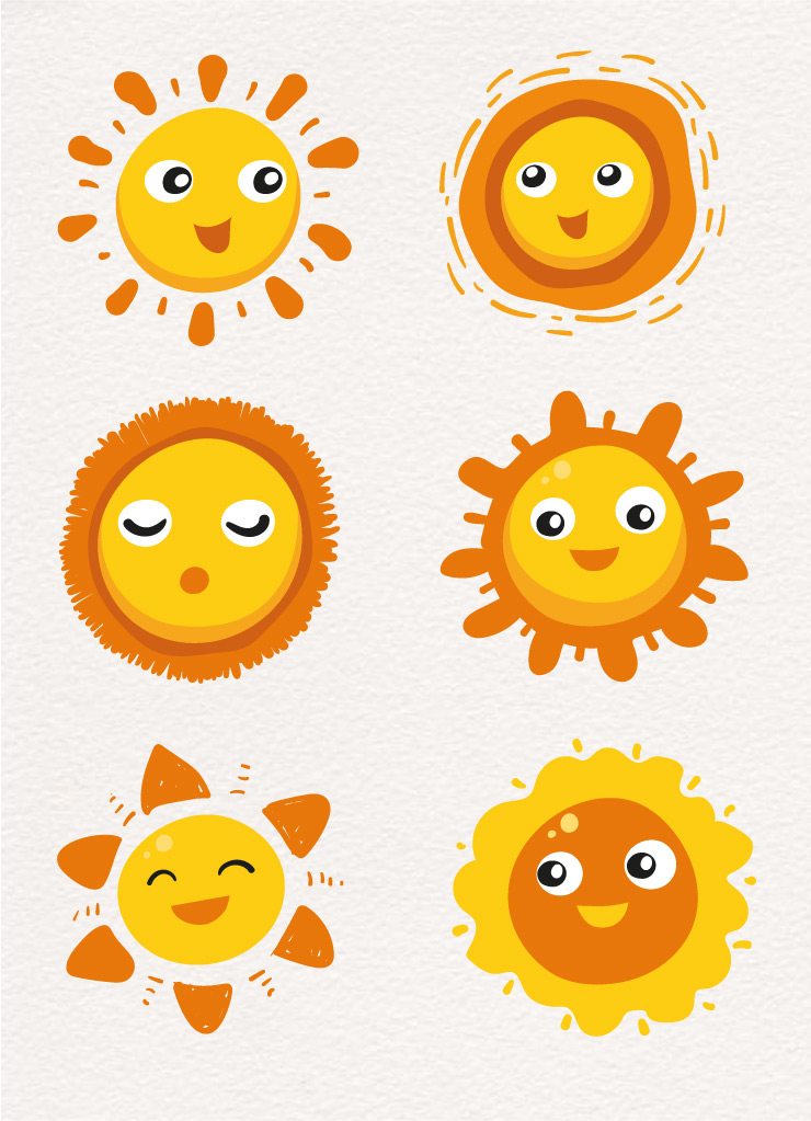 各种造型表情的卡通太阳形象