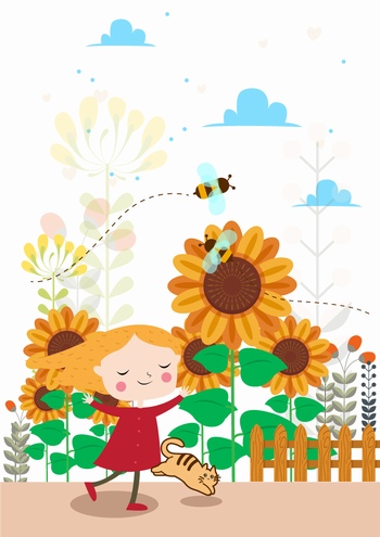 儿童和向日葵卡通插画