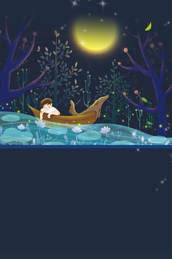 夜里坐着小船在河里漂流的孩子和狗唯美插画