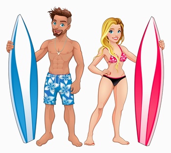 拿着冲浪板的沙滩帅哥美女卡通角色