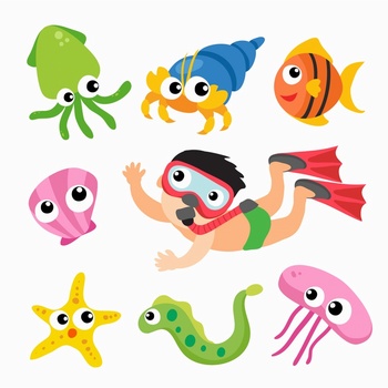潜水的小孩和海底的动物卡通画