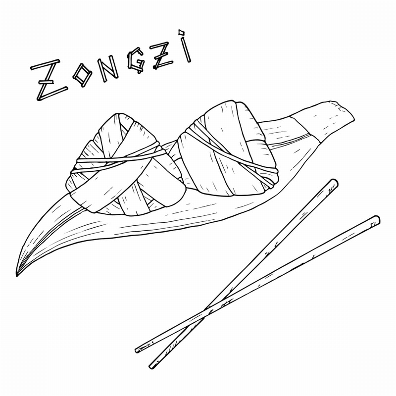 手绘线描粽叶和粽叶