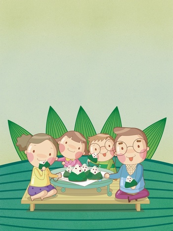 手绘一家人过端午节吃粽子的卡通插画