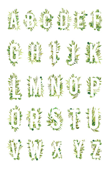 水彩花草植物装饰的26个英文字母