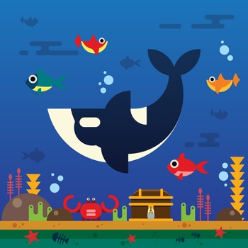 海底世界鲸鱼和小鱼卡通插画