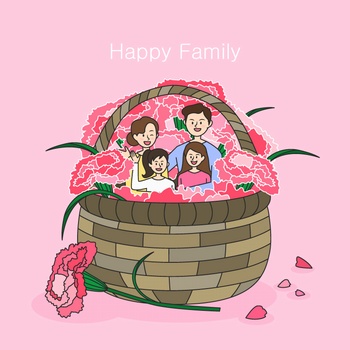 一篮子鲜花中的幸福一家人