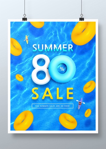 夏季清爽清澈蓝色泳池泳圈促销海报