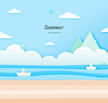 夏季剪纸风格清爽海滩纸船元素