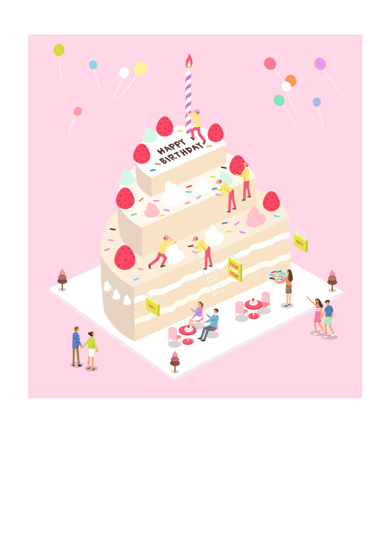 2.5D插画生日蛋糕聚会场景矢量素材